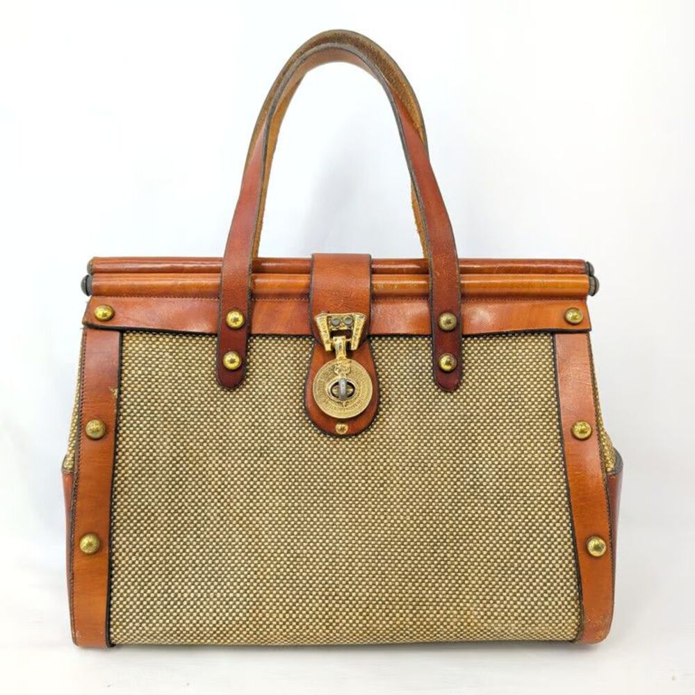 John Romain Vintage Leather Canvas Satchel Bag Je Taime Clasp Studded Brown Tan